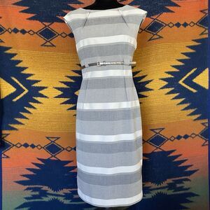 Calvin Klein Striped Sheath Midi Dress. Belted. Sleeveless. Size 10. Grey/White.